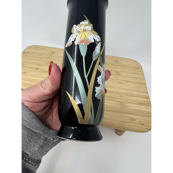 Vtg Otagiri Ceramic Vase Crown Iris Black Background Gold Accents 6.5" Japan - Picture 6 of 6